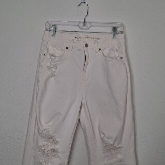 American Eagle Mom Straight Jean Sz 8 X-Short 5 Pocket Distressed Neutral Boho - Picture 2 of 16